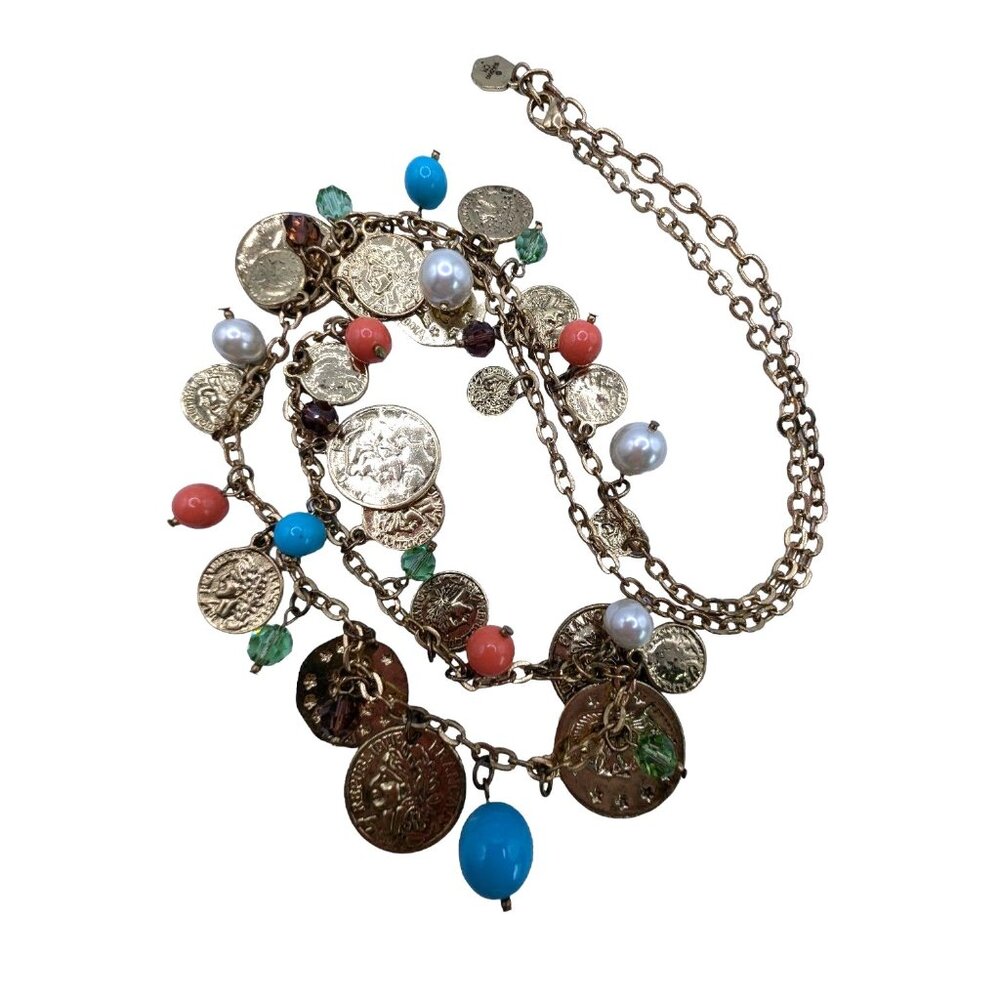 Vintage R J GRAZIANO 90s Gold Tone Coin Charm and Bead Necklace - Picture 4 of 13